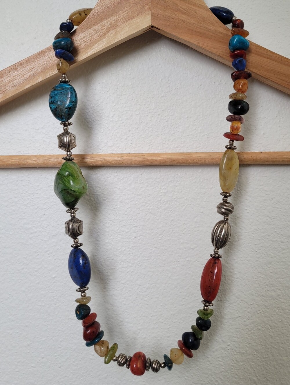 25.25" Chunky Asymmetrical Multicolor Stone/Silver-tone Beaded Necklace